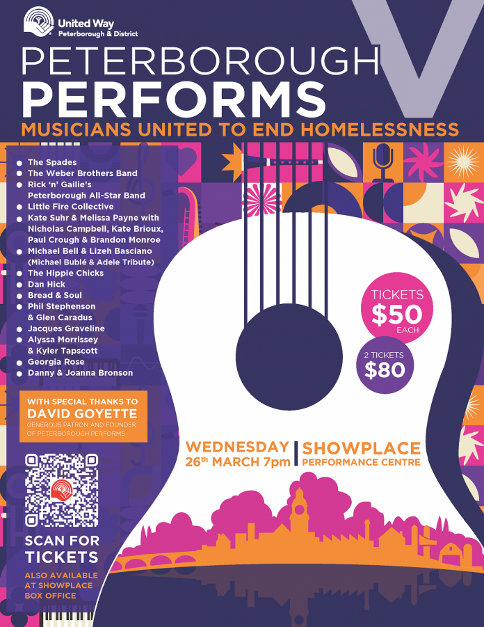 Peterborough Performs - Musicians United Against Homelessness is returning to Showplace Performance Centre in downtown Peterborough for a fifth time on March 26, 2025. Tickets are available now for $50 each, or two for $80. (Poster courtesy of Peterborough Performs)