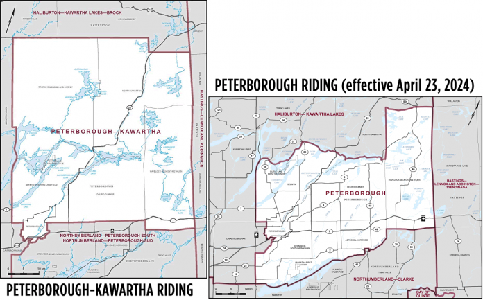 The Peterborough-Kawartha electoral riding became the Peterborough riding on April 23, 2024, and includes significant changes to the electoral boundary. (kawarthaNOW collage of Elections Canada maps)