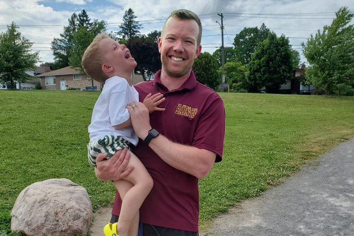 Peterborough high school teacher and coach Nick Beamish with Sam, one of his two young sons. After experiencing a cardiac emergency in 2018 that meant he had to spend the Christmas holidays in a Kingston hospital, Beamish has become an ambassador for the Peterborough Regional Health Centre (PRHC) Foundation's $60-million Campaign for PRHC to advance care at the regional hospital, including through the introduction of an electrophysiology lab to assess and diagnose problems in the heart's electrical system. If Beamish experiences another cardiac emergency, donor support will enable him to receive the care he needs close to home and without having to leave his young family. (Photo courtesy of PRHC Foundation) 