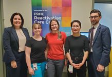 Peterborough Regional Health Centre (PRHC) Foundation President and CEO Lesley Heighway (left) and PRHC Clinical Manager Brendan Sova (right) stand with some of the members of the care team at PRHC's new Reactivation Care Centre. Left to right are physiotherapist Kaitlyn McLeod, occupational therapist Beth Morgan, and pharmacist Alice Yang. The new Centre takes a customized approach to the unique needs of each patient with input from an interdisciplinary care team that includes nurses, occupational therapists, speech language pathologists, physiotherapists, pharmacists, rehabilitation assistants, recreational therapists, social workers, dieticians, and many more professionals. (Photo courtesy of PRHC Foundation)