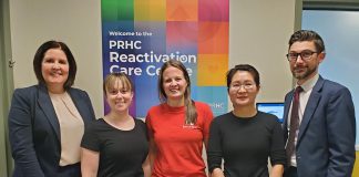 Peterborough Regional Health Centre (PRHC) Foundation President and CEO Lesley Heighway (left) and PRHC Clinical Manager Brendan Sova (right) stand with some of the members of the care team at PRHC's new Reactivation Care Centre. Left to right are physiotherapist Kaitlyn McLeod, occupational therapist Beth Morgan, and pharmacist Alice Yang. The new Centre takes a customized approach to the unique needs of each patient with input from an interdisciplinary care team that includes nurses, occupational therapists, speech language pathologists, physiotherapists, pharmacists, rehabilitation assistants, recreational therapists, social workers, dieticians, and many more professionals. (Photo courtesy of PRHC Foundation)