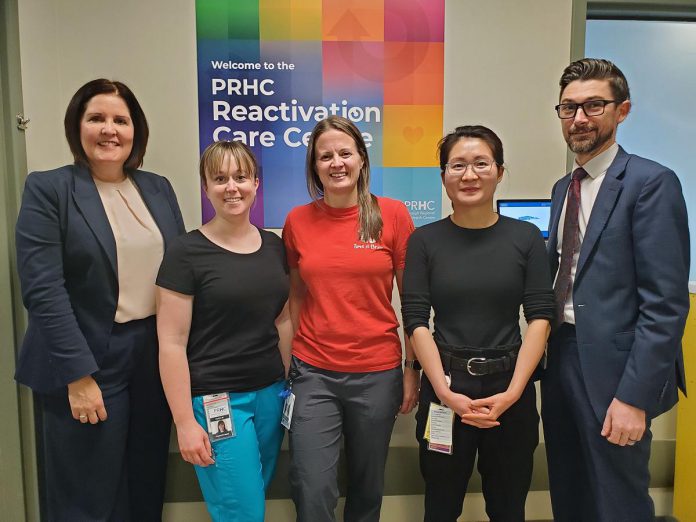 Peterborough Regional Health Centre (PRHC) Foundation President and CEO Lesley Heighway (left) and PRHC Clinical Manager Brendan Sova (right) stand with some of the members of the care team at PRHC's new Reactivation Care Centre. Left to right are physiotherapist Kaitlyn McLeod, occupational therapist Beth Morgan, and pharmacist Alice Yang. The new Centre takes a customized approach to the unique needs of each patient with input from an interdisciplinary care team that includes nurses, occupational therapists, speech language pathologists, physiotherapists, pharmacists, rehabilitation assistants, recreational therapists, social workers, dieticians, and many more professionals. (Photo courtesy of PRHC Foundation)