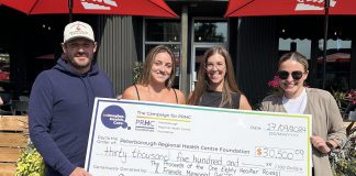 Franzie Roessl (left) and staff at One Eighty Sports Pub in Peterborough presented a cheque to Peterborough Regional Health Centre (PRHC) Foundation Community Giving and Engagement Manager Jane Lovett (right) on behalf of the One Eighty Heather Roessl & Friends Memorial Golf Tournament in September 2024. This year's annual event raised its largest amount ever, donating $30,500 to the PRHC Foundation's Campaign for PRHC to reimagine healthcare in the region. The PRHC Foundation encourages community members to consider hosting their own third-party event fundraisers to support the regional hospital. (Photo courtesy of PRHC Foundation)