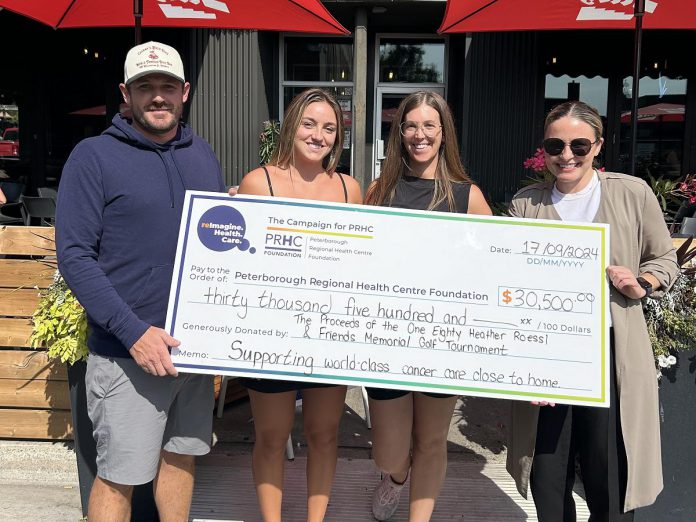 Franzie Roessl (left) and staff at One Eighty Sports Pub in Peterborough presented a cheque to Peterborough Regional Health Centre (PRHC) Foundation Community Giving and Engagement Manager Jane Lovett (right) on behalf of the One Eighty Heather Roessl & Friends Memorial Golf Tournament in September 2024. This year's annual event raised its largest amount ever, donating $30,500 to the PRHC Foundation's Campaign for PRHC to reimagine healthcare in the region. The PRHC Foundation encourages community members to consider hosting their own third-party event fundraisers to support the regional hospital. (Photo courtesy of PRHC Foundation)