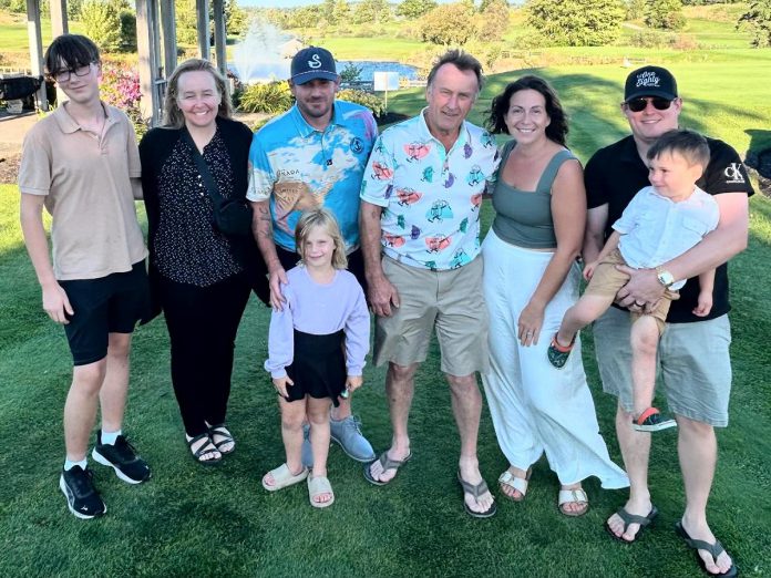 Member of the Roessl family (from left to right): Benny Bleecker, Samantha Bleeker, Franzie Roessl with Elsie Roessl, Franz Roessl, Kim Roessl, and Hans Roessl with Heath Roessl. The One Eighty Heather Roessl & Friends Memorial Golf Tournament is not only a way to inspire the community to raise funds for the Peterborough Regional Health Centre Foundation, but it gets the family together every year to honour late family matriach Heather Roessl with an activity she loved. (Photo courtesy of Franzie Roessl)