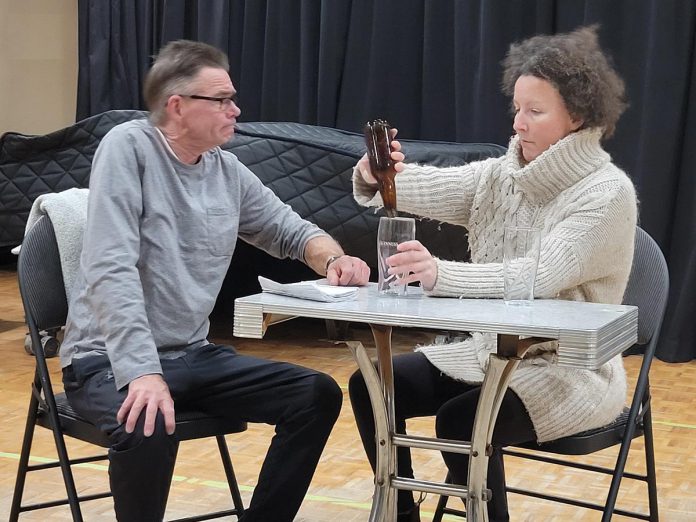 Steve Foote as Anthony Reilly and Nancy Towns as Rosemary Muldoon during an early rehearsal for "Outside Mullingar" by award-winning playwright John Patrick Shanley. The Peterborough Theatre Guild production runs for 10 performances from January 24 to February 8, 2025. (Photo courtesy of Peterborough Theatre Guild)