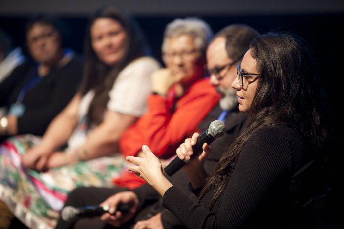 Spoken word artist Sarah Lewis during the Wshkiigmong Dibaajmownan/Curve Lake Storytelling panel at the 2024 ReFrame Film Festival. Along with screening more than 50 documentary films, the festival offers ancillary programming including live performances, filmmaker talks, workshops, and media arts exhibits. (Photo: Esther Vincent, courtesy of ReFrame Film Festival)