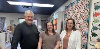 Tim, Jocelyn, and Sheila Shauf at Sheila and Jocelyn's quilt store Quiltiful in Bobcaygeon. The Shauf family is sharing Jocelyn's cancer journey as part of the Ross Memorial Hospital (RMH) Foundation's 2024 "Hopeful Moments" holiday appeal in support of the Lindsay hospital. (Photo courtesy of RMH Foundation)