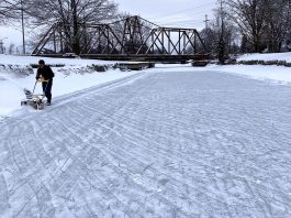 Although the City of Peterborough is not maintaining the ice of the Trent Canal below the Peterborough Lift Lock this winter due to proposed budget cuts, that's not stopping Trevor Hesselink from skating on the canal. Since the canal froze over, he and his wife Victoria Yeh have spent hours using an electric snow blower to clear a rink for public skating just north of Maria Street. (Photo: Victoria Yeh)