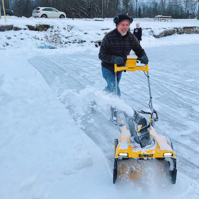 Since beginning to clear off a section of the Trent Canal, Trevor Hesselink and his wife Victoria Yeh have seen a domino effect in other community members doing the same to allow more skaters to enjoy the ice, with some travelling as far as Markham. (Photo: Victoria Yeh)