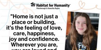 Habitat for Humanity Peterborough & Kawartha Region (PKR) is encouraging area students in grades 4 through 6 to enter the national 2025 "Meaning of Home" contest. Each area contest submission will raise $10 for Habitat for Humanity PKR, and the contest includes three grand prizes of $30,000 and nine runner-up prizes of $10,000 for the winning students' local Habitats for Humanity. In 2023, a submission from grade 6 student Ellyot W. from St. Catherine Catholic Elementary School in Peterborough won $10,000 for Habitat PKR. (Graphic: Habitat PKR)