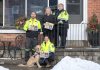 Through sales of the 2025 Paramedic Therapy Dog Calendar fundraiser featuring the Northumberland Paramedics therapy dog Ivy Joules (front), Northumberland Paramedics raised over $1,000 to deliver over 50 holiday meals to seniors and community members in need this winter. Pictured from left to right are Northumberland paramedic Joe Glass, Ketch's Korner owner Melissa Dale, Northumberland Paramedics Chief Susan Brown, and (with Ivy Joules) Northumberland Paramedics superintendent of quality improvement education Giselle Lech. (Photo: Northumberland County)