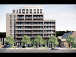 A rendering of TVM Group's proposed 10-storey residential-commercial development, which would be located immediately west of the Mark Street United Church building at 90 Hunter Street East in Peterborough's East City. (Graphic courtesy of TVM Group)