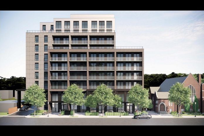 A rendering of TVM Group's proposed 10-storey residential-commercial development, which would be located immediately west of the Mark Street United Church building at 90 Hunter Street East in Peterborough's East City. (Graphic courtesy of TVM Group)