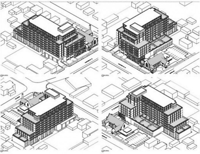 Model renderings of TVM Group's proposed 10-storey residential-commercial development, which would be located immediately west of the Mark Street United Church building at 90 Hunter Street East in Peterborough's East City. Most of the building's footprint would extend north of Hunter Street. (Graphic courtesy of TVM Group)