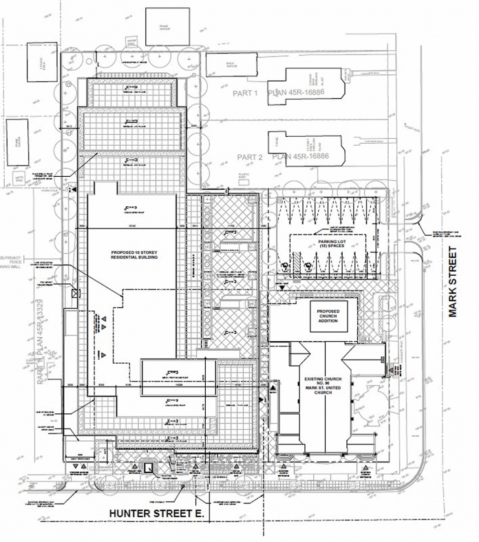 A concept plan of TVM Group's proposed 10-storey residential-commercial development, which would be located immediately west of the Mark Street United Church building at 90 Hunter Street East in Peterborough's East City. (Graphic courtesy of TVM Group)