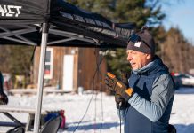 Kieran Andrews, founder of the ComPassion Project and co-founder of Wild Rock Outfitters, addresses participants at the annual 8-Hour Ski Relay, hosted by the Kawartha Nordic Ski Club in North Kawartha Township on January 26, 2025. The annual event was held in support of the ComPassion Project, which is delivered in partnership with the Community Foundation of Greater Peterborough. (Photo: Jeff Faulds Photography)