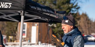 Kieran Andrews, founder of the ComPassion Project and co-founder of Wild Rock Outfitters, addresses participants at the annual 8-Hour Ski Relay, hosted by the Kawartha Nordic Ski Club in North Kawartha Township on January 26, 2025. The annual event was held in support of the ComPassion Project, which is delivered in partnership with the Community Foundation of Greater Peterborough. (Photo: Jeff Faulds Photography)