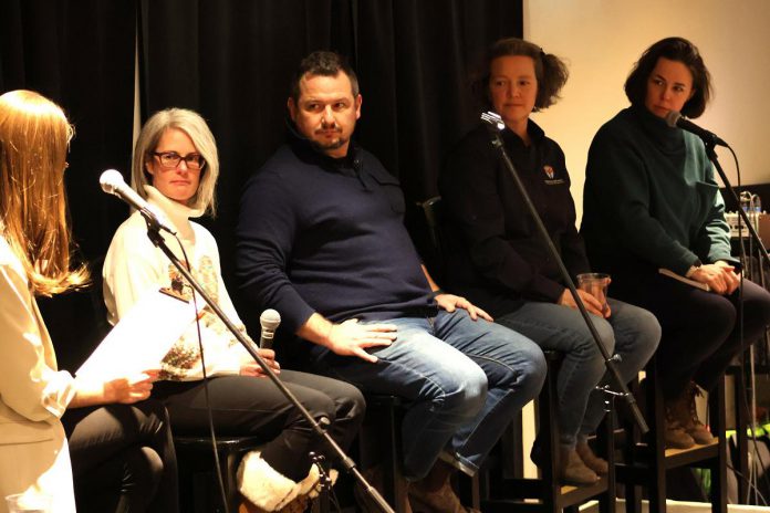 Katelyn James (left), granting and stewardship coordinator for the Community Foundation of Greater Peterborough, speaks during the ComPassion Project community gathering on January 16, 2025 in the Cogeco Studio at Showplace Performance Centre prior to the initial screenings of the Banff Mountain Film Festival, which was hosted by Wild Rock Outfitters. Also pictured from left to right are Alison Stagg of Fourcast, Christian Harvey of One City Peterborough, Anna Lee of Kawartha Land Trust, and Brooke Erickson of YES Shelter for Youth and Families. Each organization is a beneficiary of funds from the ComPassion Project, which was created by Wild Rock co-founder Kieran Andrews. (Photo courtesy of Community Foundation of Greater Peterborough)