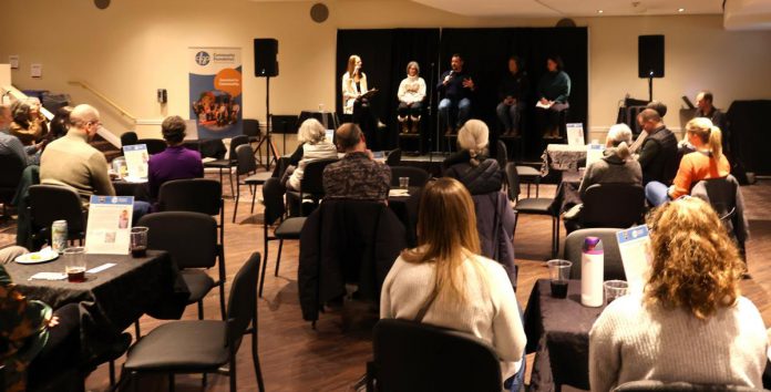 Katelyn James of the Community Foundation of Greater Peterborough, Alison Stagg of Fourcast, Christian Harvey of One City Peterborough, Anna Lee of Kawartha Land Trust, and Brooke Erickson of YES Shelter for Youth and Families during the ComPassion Project community gathering on January 16, 2025 in the Cogeco Studio at Showplace Performance Centre prior to the initial screenings of the Banff Mountain Film Festival, which was hosted by Wild Rock Outfitters. Each organization is a beneficiary of funds from the ComPassion Project, which was created by Wild Rock co-founder Kieran Andrews and is delivered in partnership with the Community Foundation of Greater Peterborough. (Photo courtesy of Community Foundation of Greater Peterborough)