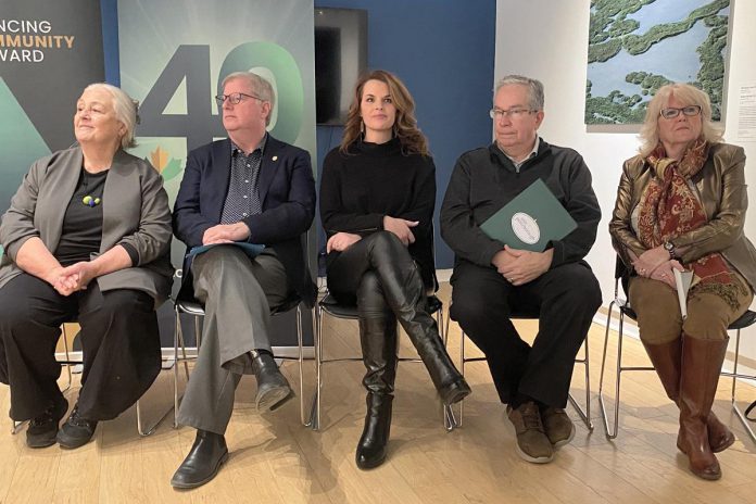 Speakers during Community Futures Peterborough's announcement at the Art Gallery of Peterborough on January 14, 2025 of $100,000 in new funding under the Community Advancement Program included (from left to right), Art Gallery of Peterborough director Celeste Scopelites, Community Futures Peterborough board chair Wayne Harding, Peterborough-Kawartha MP Michelle Ferreri, Peterborough mayor Jeff Leal, and Peterborough County warden Bonnie Clark. (Photo: Paul Rellinger / kawarthaNOW)