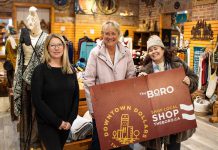 Michelle Cardwell (middle) was the grand prize winner of a $1,500 Boro gift card in the annual Holiday Shopping Passport program organized by Peterborough Downtown Business Improvement Area (DBIA). Also pictured is Tribal Voices manager Amanda Clarkson (left) and Peterborough DBIA marketing and communications manager Amanda Bedford. Tribal Voices was one of the downtown Peterborough businesses where Cardwell shopped to complete her winning Holiday Shopping Passport. (Photo courtesy Peterborough DBIA)