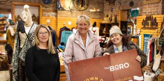 Michelle Cardwell (middle) was the grand prize winner of a $1,500 Boro gift card in the annual Holiday Shopping Passport program organized by Peterborough Downtown Business Improvement Area (DBIA). Also pictured is Tribal Voices manager Amanda Clarkson (left) and Peterborough DBIA marketing and communications manager Amanda Bedford. Tribal Voices was one of the downtown Peterborough businesses where Cardwell shopped to complete her winning Holiday Shopping Passport. (Photo courtesy Peterborough DBIA)