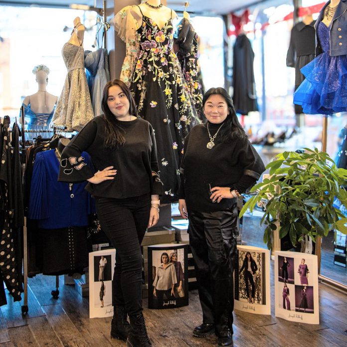 T-Elle Boutique on Charlotte Street in downtown Peterborough was voted the winner of the Peterborough Downtown Business Improvement Area (DBIA) holiday window contest. Pictured are assistant manager Yuliia Levystka and owner Victoria SL Wang. (Photo courtesy Peterborough DBIA)