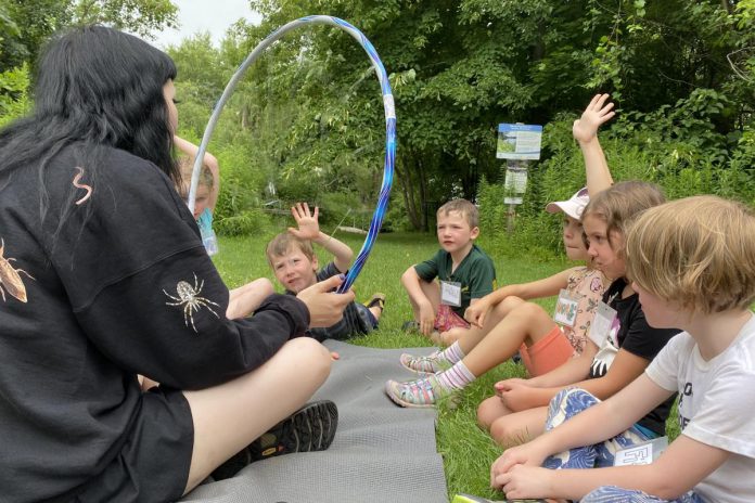 A group of Earth Adventures Campers discover the fascinating properties of spider webs in a pre-game lesson from environmental educator Rachel Baehr at GreenUP Ecology Park. (Photo: Natalie Stephenson / GreenUP)