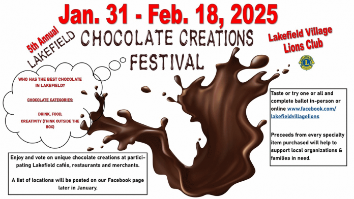 Previously known as the Hot Chocolate Festival, the Lakefield Village Lions Club's Lakefield Chocolate Creations Festival runs from January 31 to February 18, 2025 in the Village of Lakefield. (Graphic: Lakefield Village Lions Club)