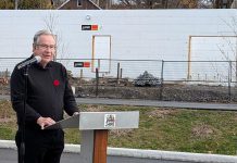 Peterborough Mayor Jeff Leal announcing the release of the 15-recommendation report of the Mayor's Task Force for Housing Creation at a media event on November 5, 2024 in front of of Ashburnham Realty's six-storey building currently under construction along the Rotary Greenway Trail just north of Robinson Street in Peterborough's East City. (Photo: Bruce Head / kawarthaNOW)