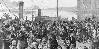 An 1874 engraving published in The Illustrated London News shows Irish emigrants preparing to leave the Queenstown port in County Cork, Ireland for North America. (Public domain image)