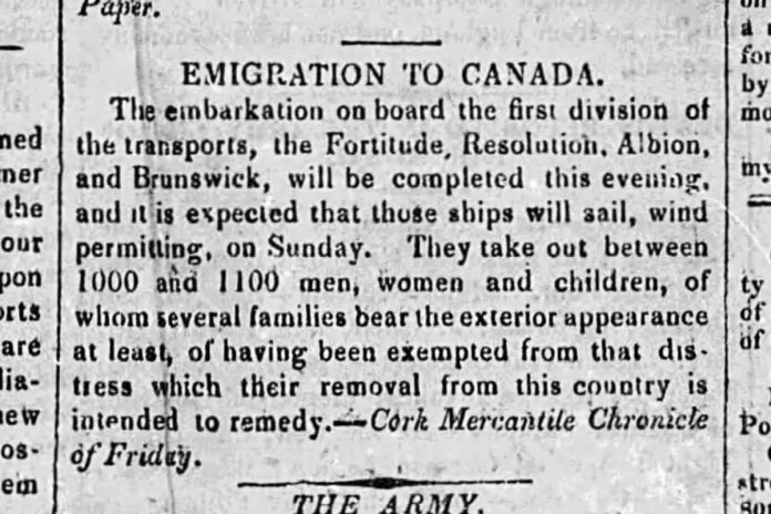 An excerpt from The Waterford Mirror in Ireland from May 9, 1825 referring to four of the ships that transported Irish emigrants to Upper Canada as part of an experimental assisted emigration scheme run by Canadian politician Peter Robinson. (Photo: Newspapers.com)