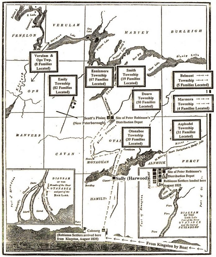 A map depicting the routes of Peter Robinson emigrants from Cobourg to Scott's Plains (now Peterborough) and showing numbers of families located in nearby townships. (Map provided by Peter McConkey)