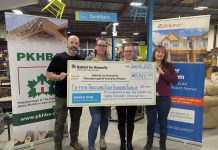 Peterborough & The Kawarthas Home Builders Association (PKHBA) and Habitat for Humanity Peterborough & Kawartha Region collectively raised more than $30,000 for housing in the community following their second annual charity auction on December 5, 2024, with each organization receiving $15,412. Pictured at the Habitat ReStore in Peterborough are PKHBA chair Rob Hatfield, Habitat director of construction Kylee McGrath, PKHBA director Jennifer Hurd of Reliance Home Comfort (title sponsor of the event), and PKHBA executive director Rebecca Schillemat. (Photo courtesy of PKHBA)