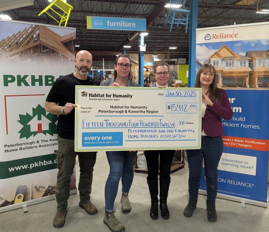 Peterborough & The Kawarthas Home Builders Association (PKHBA) and Habitat for Humanity Peterborough & Kawartha Region collectively raised more than $30,000 for housing in the community following their second annual charity auction on December 5, 2024, with each organization receiving $15,412. Pictured at the Habitat ReStore in Peterborough are PKHBA chair Rob Hatfield, Habitat director of construction Kylee McGrath, PKHBA director Jennifer Hurd of Reliance Home Comfort (title sponsor of the event), and PKHBA executive director Rebecca Schillemat. (Photo courtesy of PKHBA)