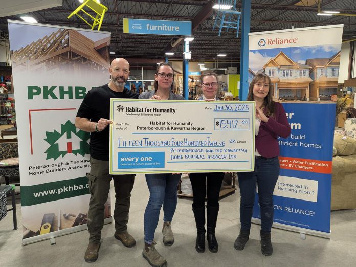 Peterborough & The Kawarthas Home Builders Association (PKHBA) and Habitat for Humanity Peterborough & Kawartha Region collectively raised more than $30,000 for housing in the community following their second annual charity auction on December 5, 2024, with each organization receiving $15,412. Pictured at the Habitat ReStore in Peterborough are PKHBA chair Rob Hatfield, Habitat director of construction Kylee McGrath, PKHBA director Jennifer Hurd of Reliance Home Comfort (title sponsor of the event), and PKHBA executive director Rebecca Schillemat. (Photo courtesy of PKHBA)