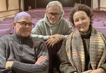 Directed by Jerry Allen (middle), the Peterborough Theatre Guild production of John Patrick Shanley's Irish romantic dramedy "Outside Mullingar" stars Steve Foote (left) as Anthony Reilly and Nancy Towns (right) as Rosemary Muldoon. The play will be staged for 10 performances from January 24 to February 8, 2025. (Photo: Paul Rellinger / kawarthaNOW)