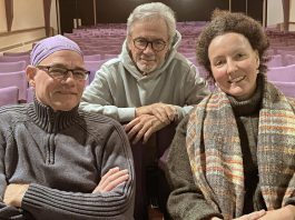 Directed by Jerry Allen (middle), the Peterborough Theatre Guild production of John Patrick Shanley's Irish romantic dramedy "Outside Mullingar" stars Steve Foote (left) as Anthony Reilly and Nancy Towns (right) as Rosemary Muldoon. The play will be staged for 10 performances from January 24 to February 8, 2025. (Photo: Paul Rellinger / kawarthaNOW)