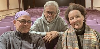 Directed by Jerry Allen (middle), the Peterborough Theatre Guild production of John Patrick Shanley's Irish romantic dramedy "Outside Mullingar" stars Steve Foote (left) as Anthony Reilly and Nancy Towns (right) as Rosemary Muldoon. The play will be staged for 10 performances from January 24 to February 8, 2025. (Photo: Paul Rellinger / kawarthaNOW)