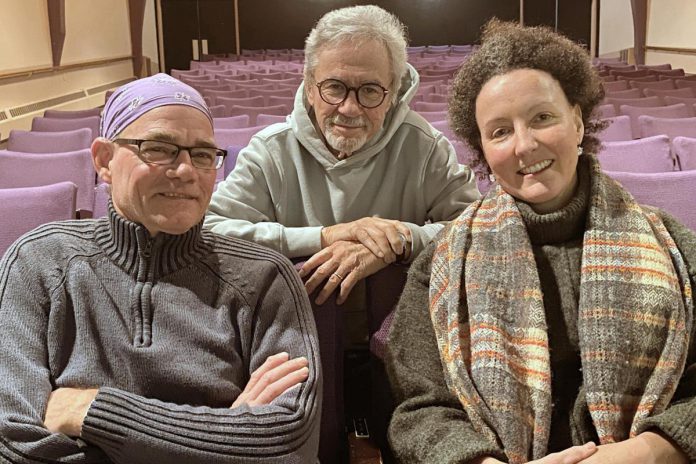 Directed by Jerry Allen (middle), the Peterborough Theatre Guild production of John Patrick Shanley's Irish romantic dramedy "Outside Mullingar" stars Steve Foote (left) as Anthony Reilly and Nancy Towns (right) as Rosemary Muldoon. The play will be staged for 10 performances from January 24 to February 8, 2025. (Photo: Paul Rellinger / kawarthaNOW)