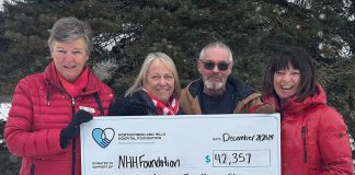 Sharron Wharram-Spry and Brian Spry (middle) presented a donation of $42,357 to the Northumberland Hills Hospital (NHH) Foundation as a result of the 10th annual fundraiser held at the Spry Family Christmas Tree Farm on December 7, 2024. (Photo: NHH Foundation)