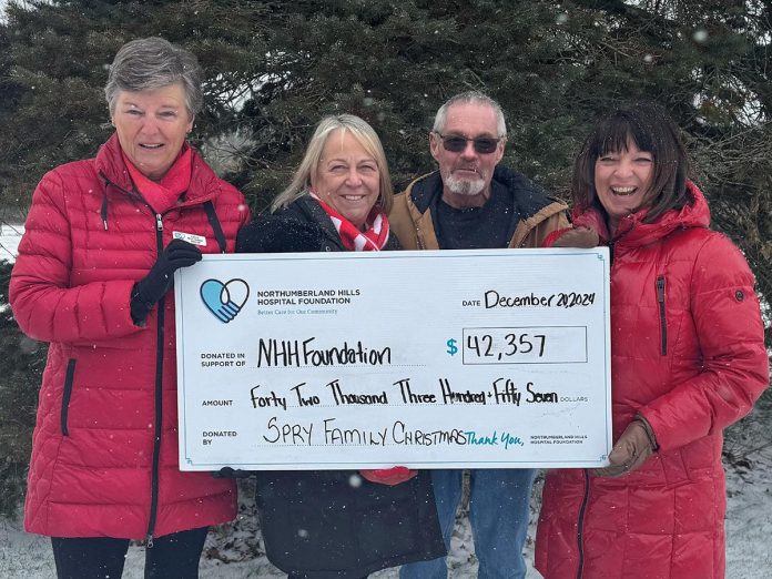 Sharron Wharram-Spry and Brian Spry (middle) presented a donation of $42,357 to the Northumberland Hills Hospital (NHH) Foundation as a result of the 10th annual fundraiser held at the Spry Family Christmas Tree Farm on December 7, 2024. (Photo: NHH Foundation)