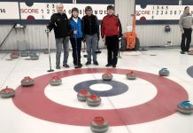 Team Fox celebrating their rare eight-ender at Omemee Curling Centre on December 30, 2024. Pictured are Neil Rossen, Annie Stovell, Tom Bent, and Ron Fox. (Photo courtesy of Ron Fox)