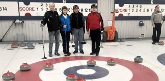 Team Fox celebrating their rare eight-ender at Omemee Curling Centre on December 30, 2024. Pictured are Neil Rossen, Annie Stovell, Tom Bent, and Ron Fox. (Photo courtesy of Ron Fox)