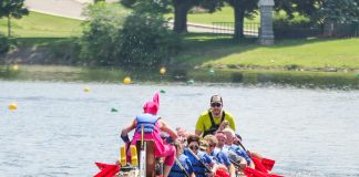 A dragon boat team races at Peterborough's Dragon Boat Festival in 2015. Since 2001, the annual festival has raised more than $4.5 million for breast cancer care at Peterborough Regional Health Centre. (Photo: Linda McIlwain / kawarthaNOW)