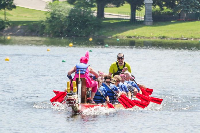 A dragon boat team races at Peterborough's Dragon Boat Festival in 2015. Since 2001, the annual festival has raised more than $4.5 million for breast cancer care at Peterborough Regional Health Centre. (Photo: Linda McIlwain / kawarthaNOW)