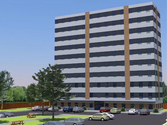 An early rendering of Brock Mission's proposed building at 738 Chemong Road that would provide 52 units of housing for men and women transitioning from homelessness. Originally proposed as a 10-storey building in 2024, the project would now be a six-storey building. (Graphic: Brock Mission)