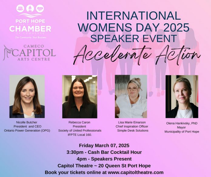 A special preview dress rehearsal of "Billboard Concert: The Power of Women" will take place following the Port Hope and District Chamber of Commerce's free "Accelerate Action" International Women's Day speaker event at the Capitol Theatre on March 7, 2025. For $50, registrants can partake in a catered reception followed by the concert performance. (Graphic: Port Hope and District Chamber of Commerce)