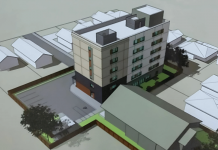 A rendering of Brock Mission's proposed 52-unit, six-storey co-ed transitional housing apartment building to be constructed at 738 Chemong Road in Peterborough, adjacent to the existing Cameron House women's shelter. (kawarthaNOW screenshot of City of Peterborough video)